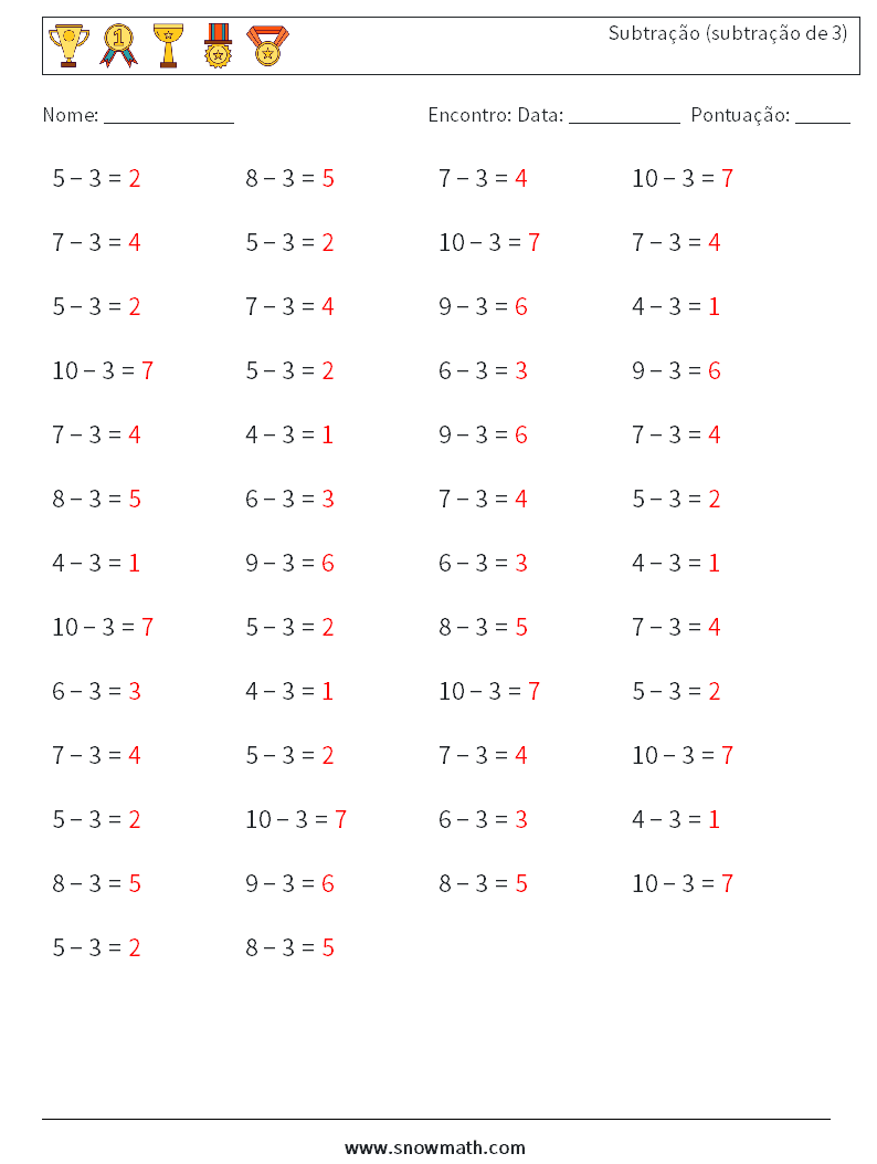 (50) Subtração (subtração de 3) planilhas matemáticas 9 Pergunta, Resposta