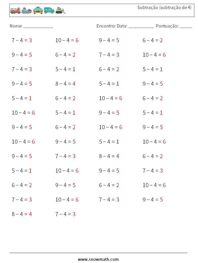 (50) Subtração (subtração de 4) planilhas matemáticas 1 Pergunta, Resposta