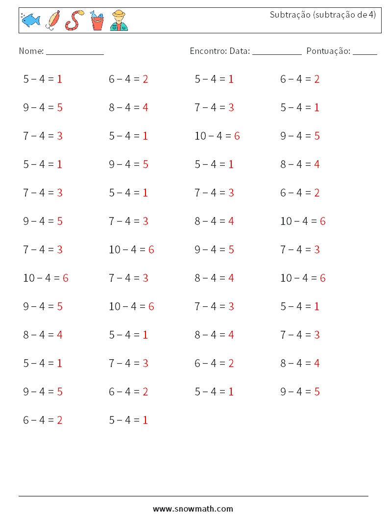 (50) Subtração (subtração de 4) planilhas matemáticas 2 Pergunta, Resposta