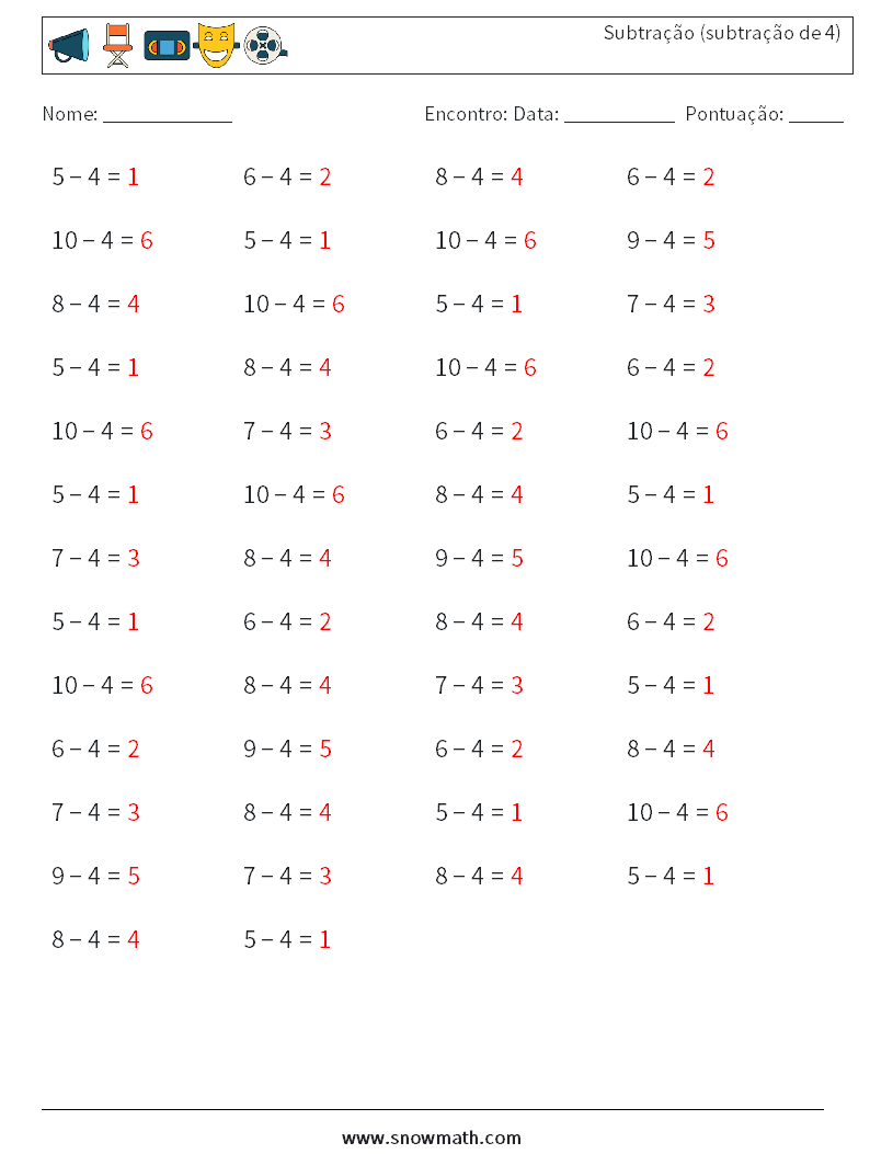 (50) Subtração (subtração de 4) planilhas matemáticas 3 Pergunta, Resposta