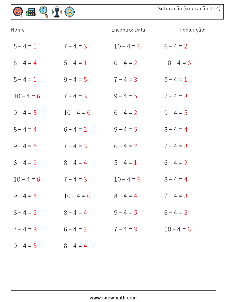 (50) Subtração (subtração de 4) planilhas matemáticas 5 Pergunta, Resposta