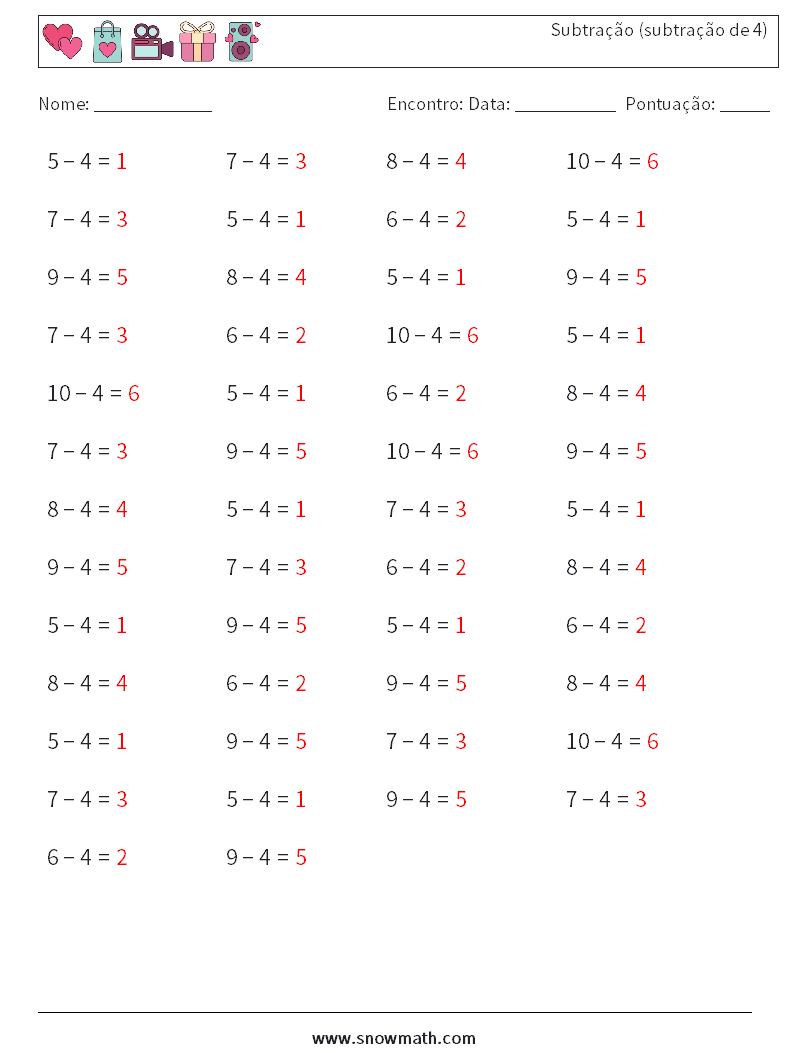 (50) Subtração (subtração de 4) planilhas matemáticas 9 Pergunta, Resposta