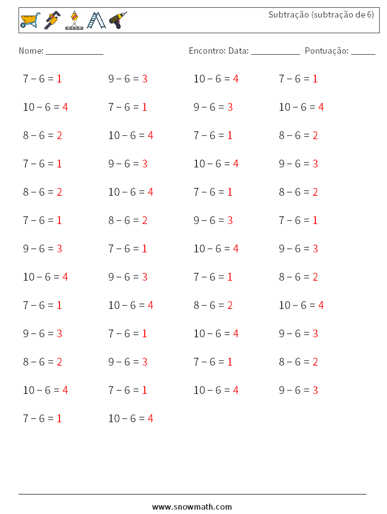 (50) Subtração (subtração de 6) planilhas matemáticas 1 Pergunta, Resposta