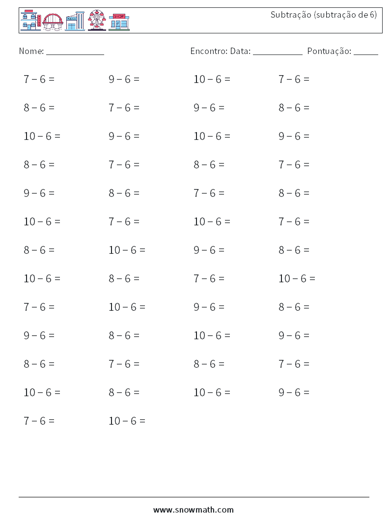 (50) Subtração (subtração de 6) planilhas matemáticas 2