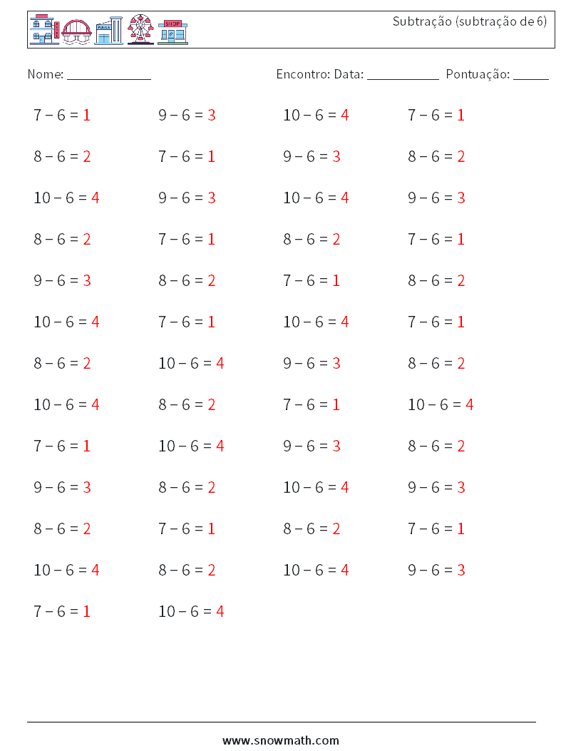 (50) Subtração (subtração de 6) planilhas matemáticas 2 Pergunta, Resposta