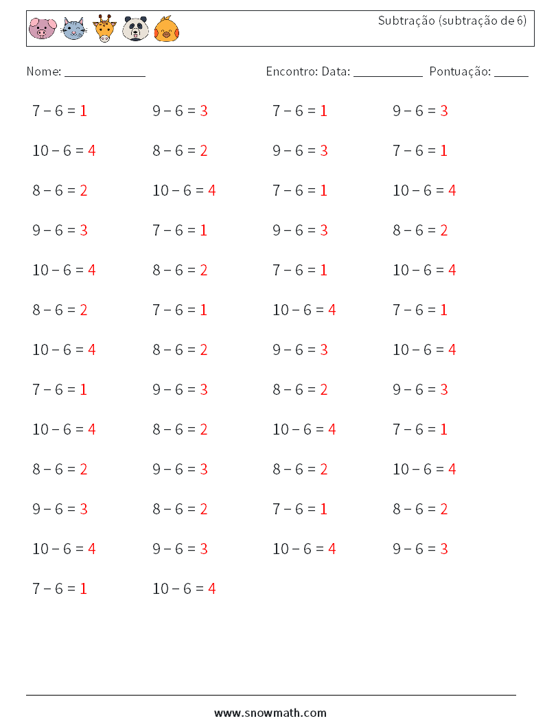 (50) Subtração (subtração de 6) planilhas matemáticas 3 Pergunta, Resposta