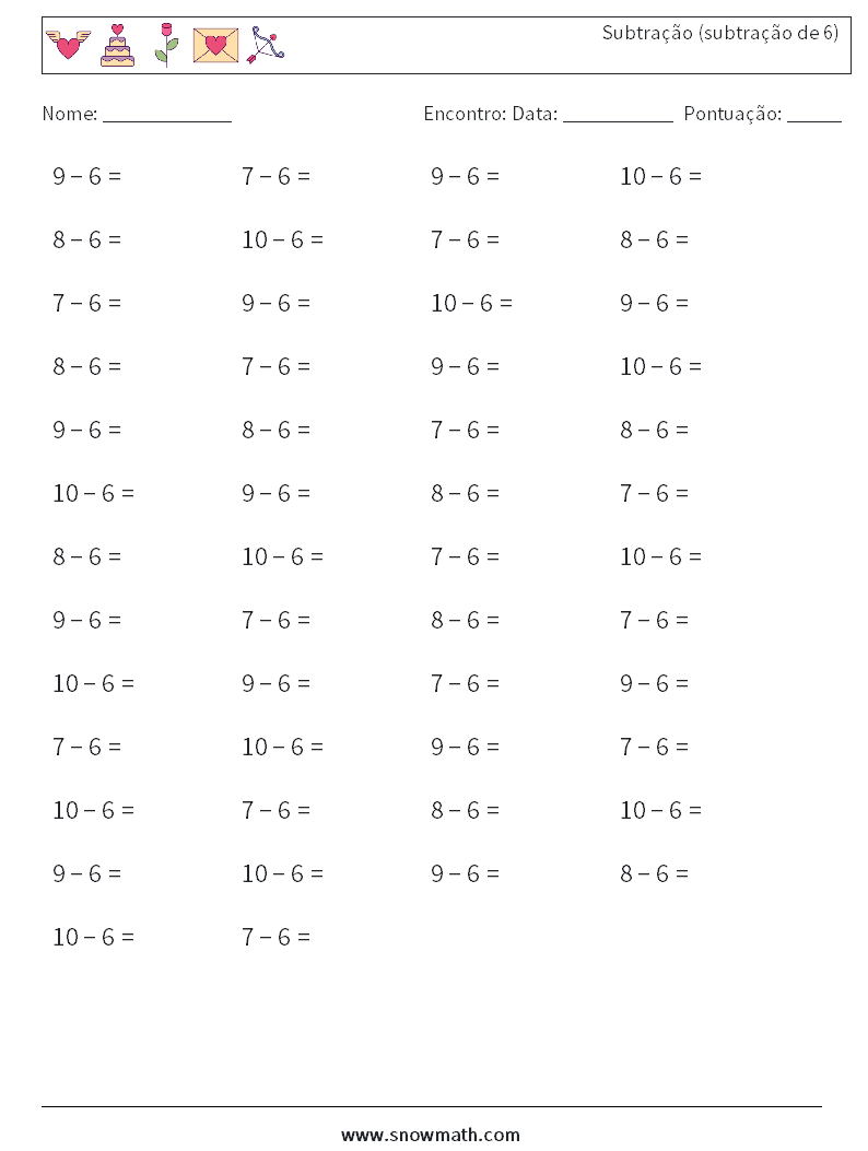 (50) Subtração (subtração de 6) planilhas matemáticas 4