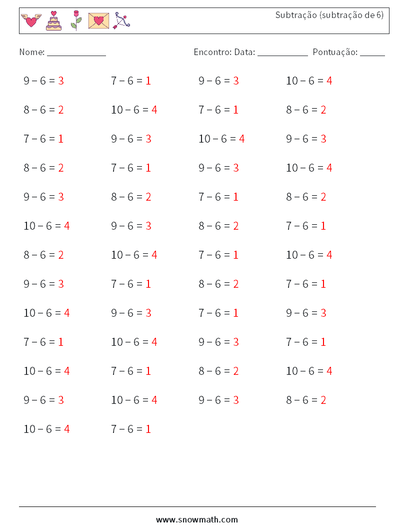 (50) Subtração (subtração de 6) planilhas matemáticas 4 Pergunta, Resposta