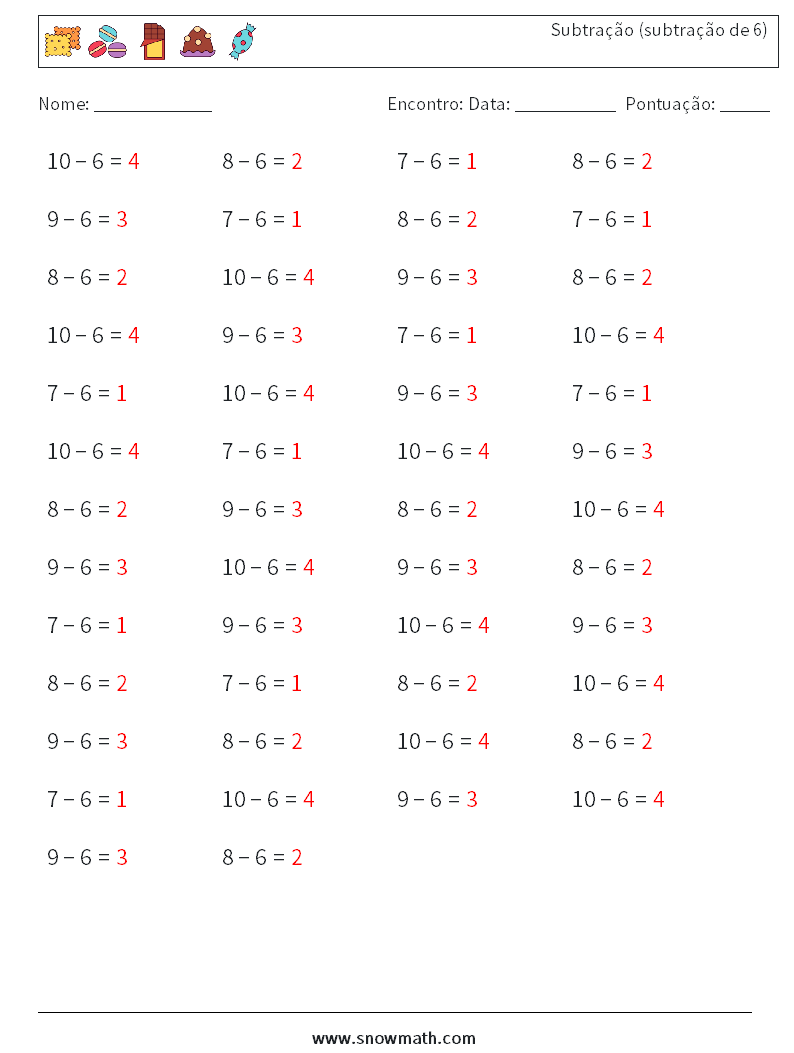 (50) Subtração (subtração de 6) planilhas matemáticas 5 Pergunta, Resposta