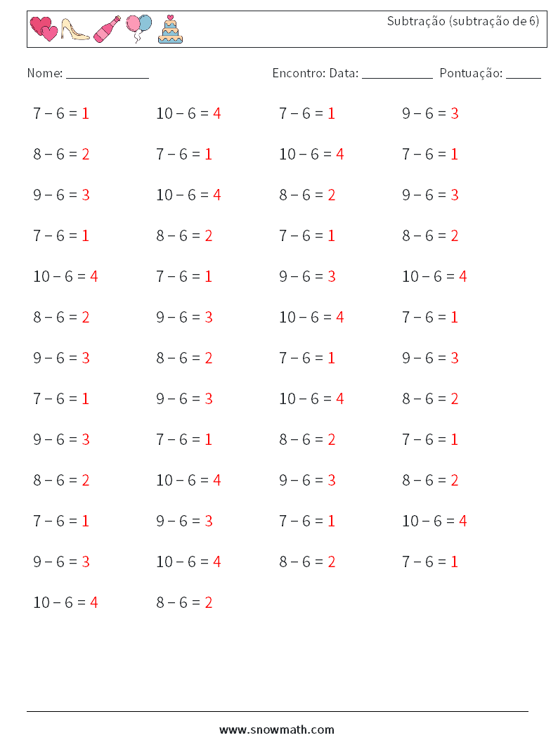 (50) Subtração (subtração de 6) planilhas matemáticas 6 Pergunta, Resposta
