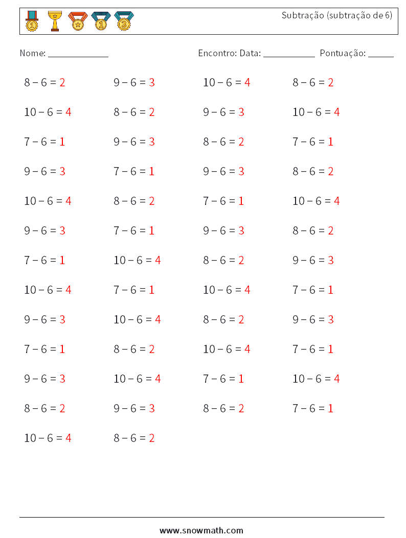 (50) Subtração (subtração de 6) planilhas matemáticas 7 Pergunta, Resposta