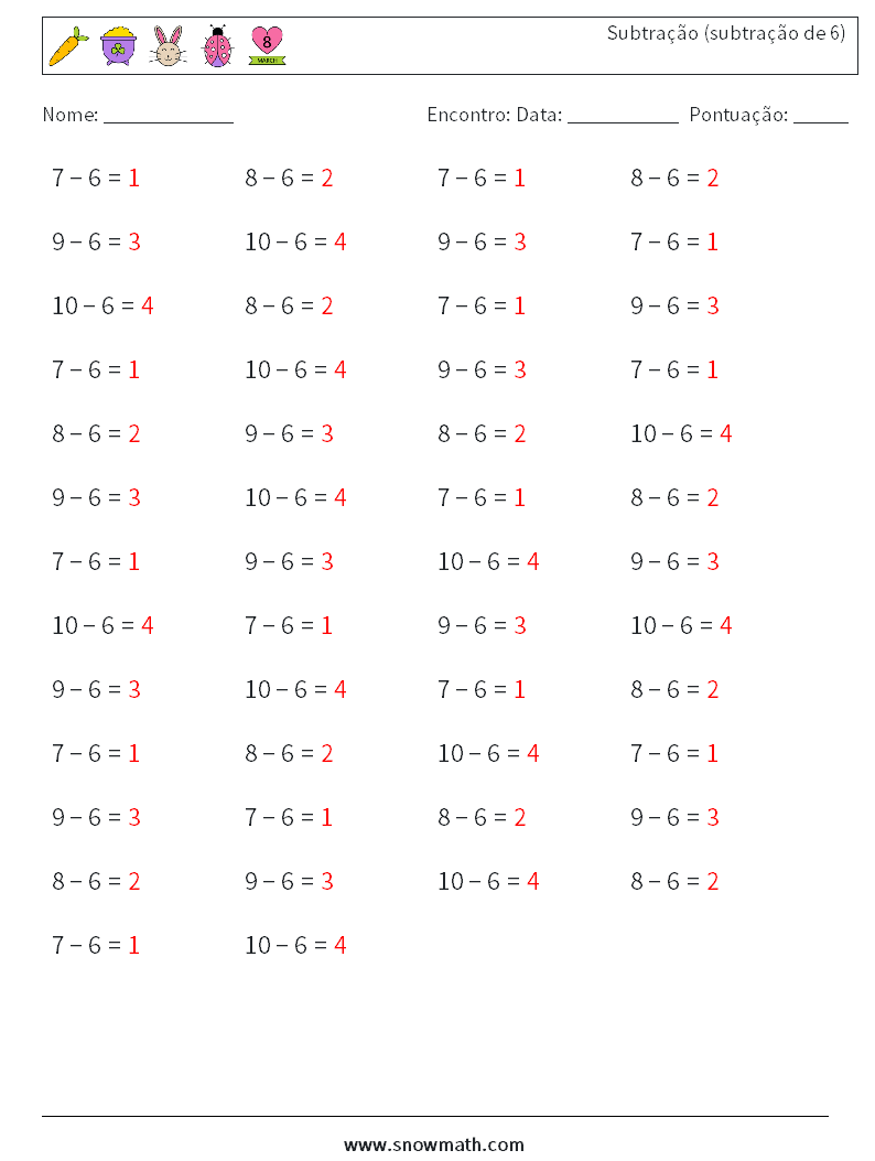 (50) Subtração (subtração de 6) planilhas matemáticas 8 Pergunta, Resposta
