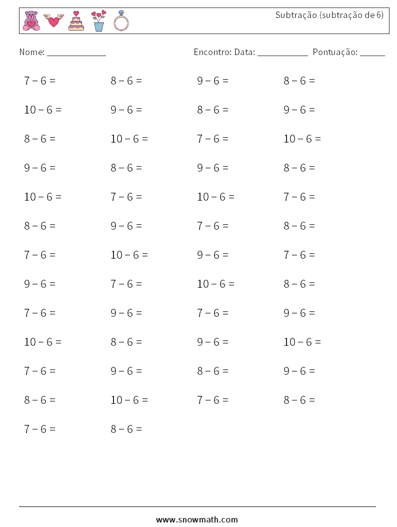 (50) Subtração (subtração de 6) planilhas matemáticas 9