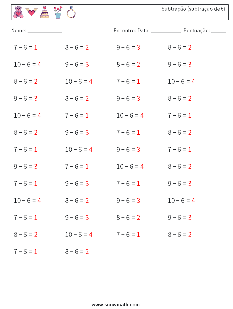 (50) Subtração (subtração de 6) planilhas matemáticas 9 Pergunta, Resposta
