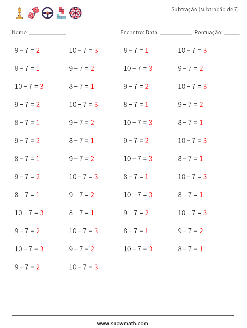 (50) Subtração (subtração de 7) planilhas matemáticas 1 Pergunta, Resposta