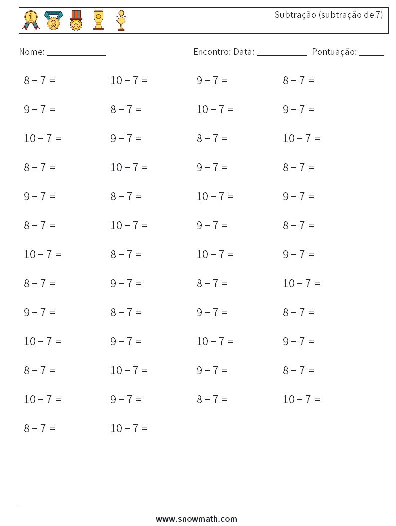 (50) Subtração (subtração de 7) planilhas matemáticas 2
