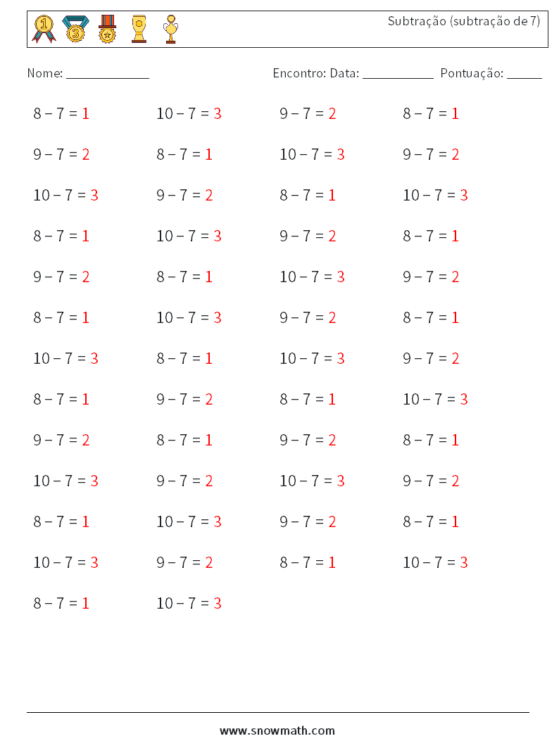 (50) Subtração (subtração de 7) planilhas matemáticas 2 Pergunta, Resposta
