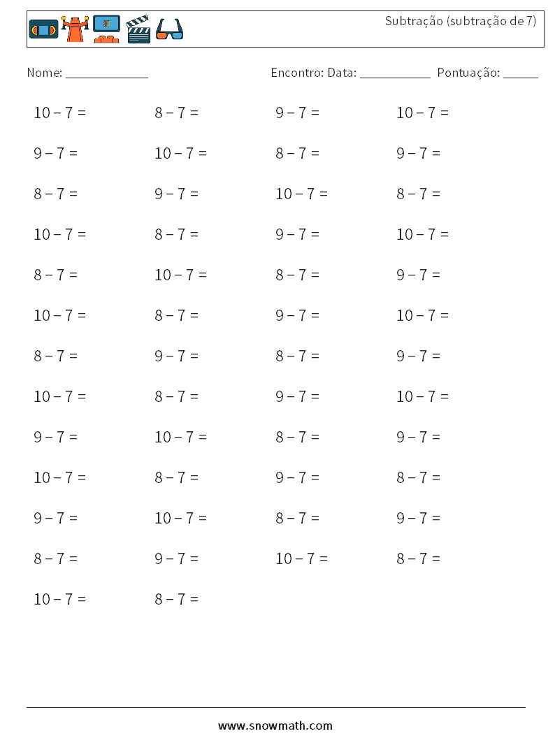 (50) Subtração (subtração de 7) planilhas matemáticas 3
