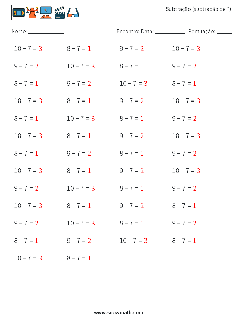 (50) Subtração (subtração de 7) planilhas matemáticas 3 Pergunta, Resposta