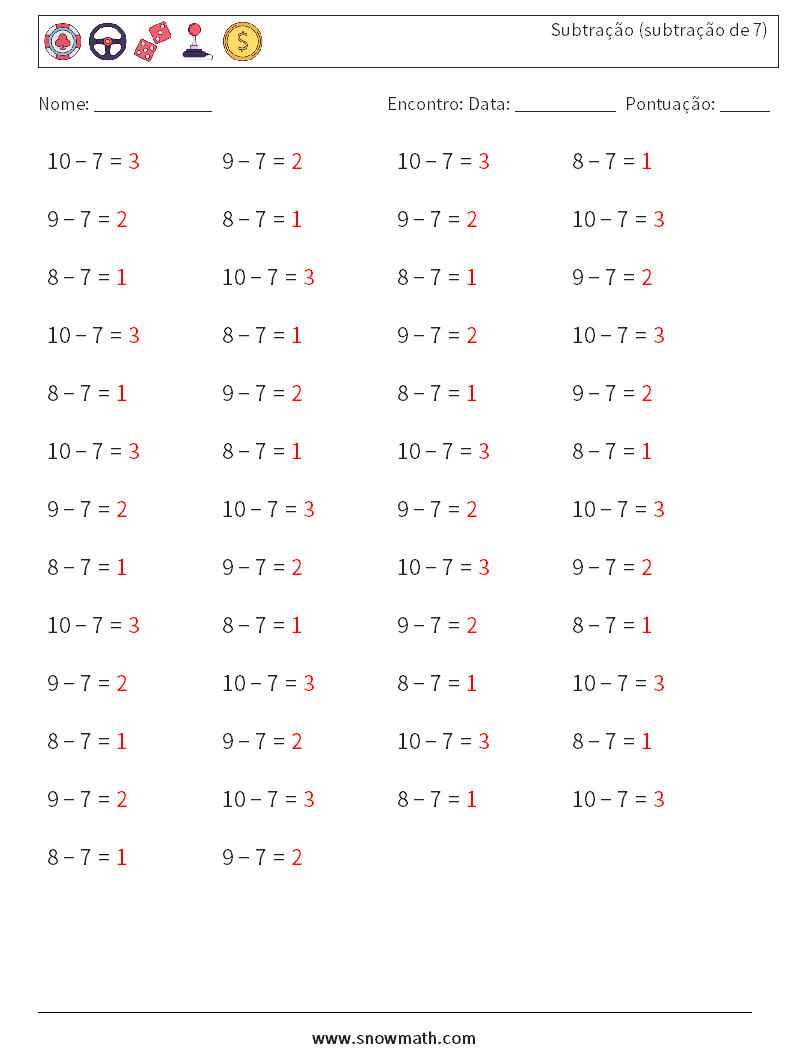 (50) Subtração (subtração de 7) planilhas matemáticas 4 Pergunta, Resposta