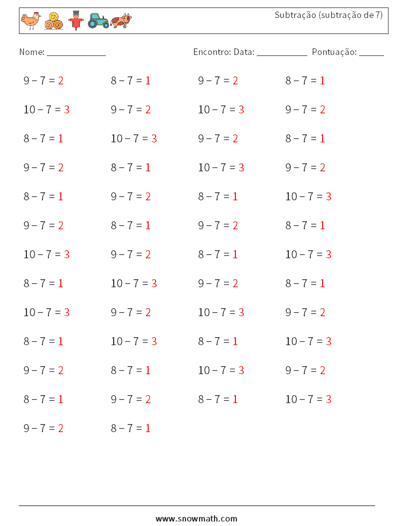 (50) Subtração (subtração de 7) planilhas matemáticas 5 Pergunta, Resposta