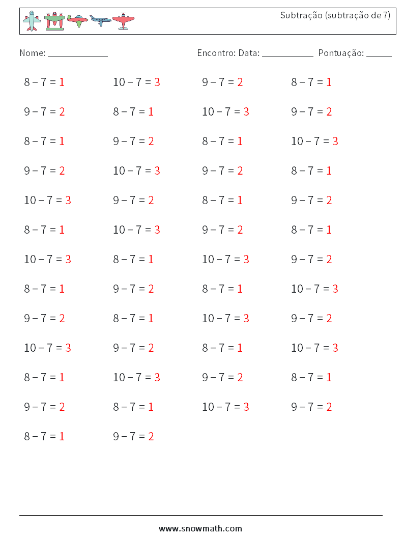 (50) Subtração (subtração de 7) planilhas matemáticas 6 Pergunta, Resposta