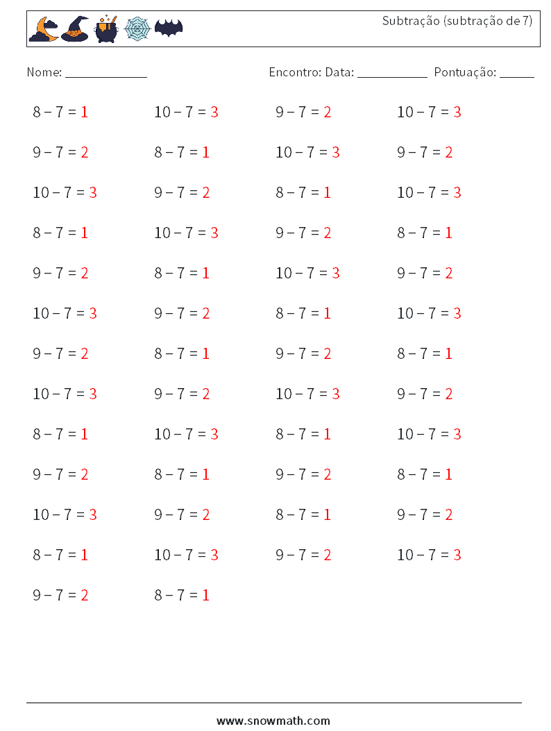 (50) Subtração (subtração de 7) planilhas matemáticas 7 Pergunta, Resposta