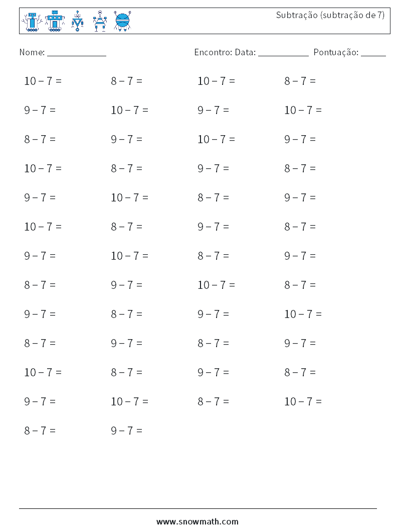 (50) Subtração (subtração de 7) planilhas matemáticas 9