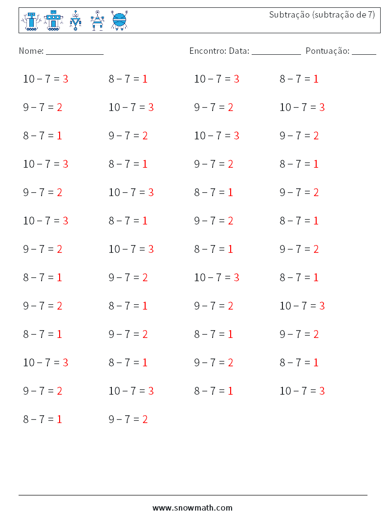 (50) Subtração (subtração de 7) planilhas matemáticas 9 Pergunta, Resposta