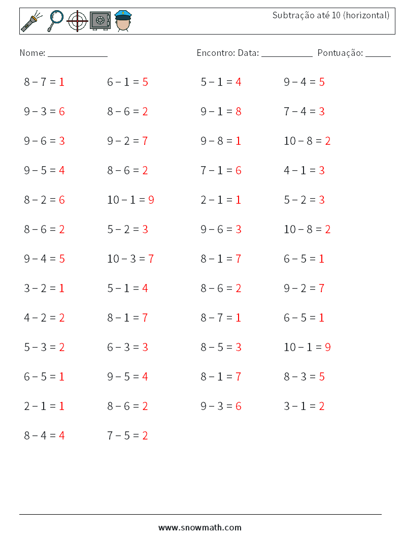 (50) Subtração até 10 (horizontal) planilhas matemáticas 1 Pergunta, Resposta