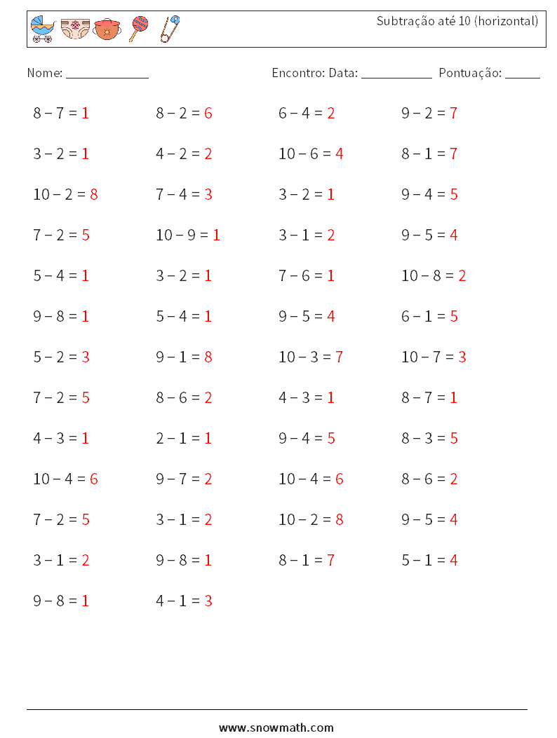 (50) Subtração até 10 (horizontal) planilhas matemáticas 2 Pergunta, Resposta