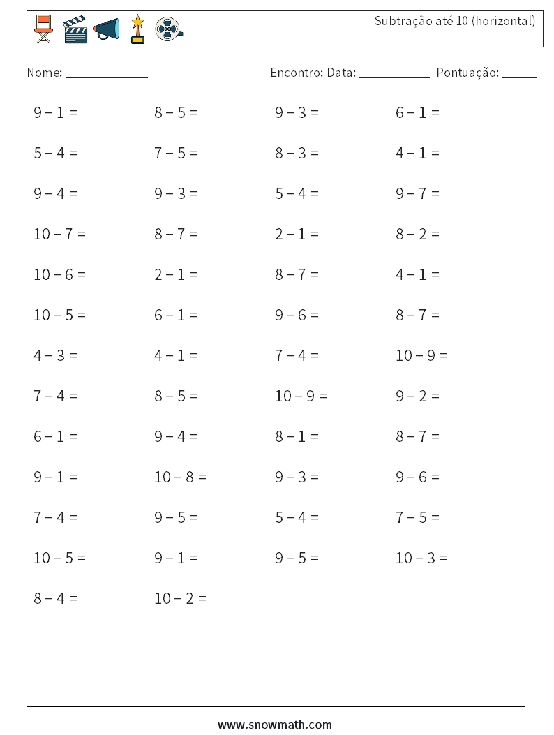 (50) Subtração até 10 (horizontal) planilhas matemáticas 3