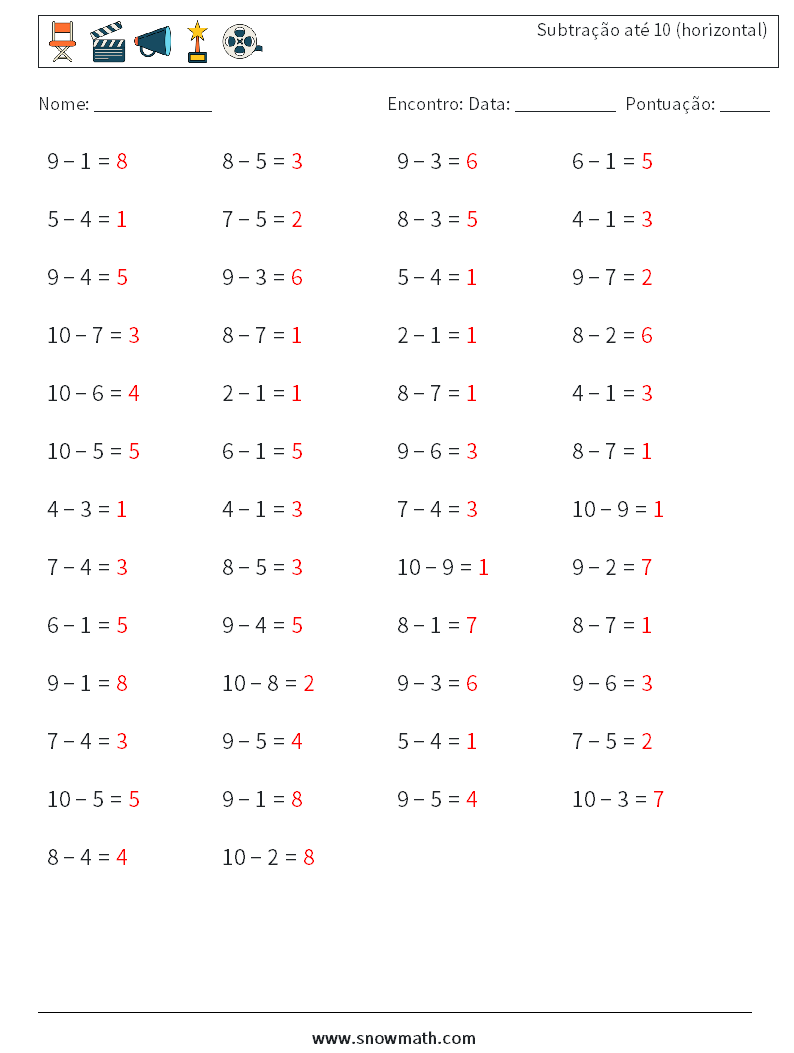 (50) Subtração até 10 (horizontal) planilhas matemáticas 3 Pergunta, Resposta