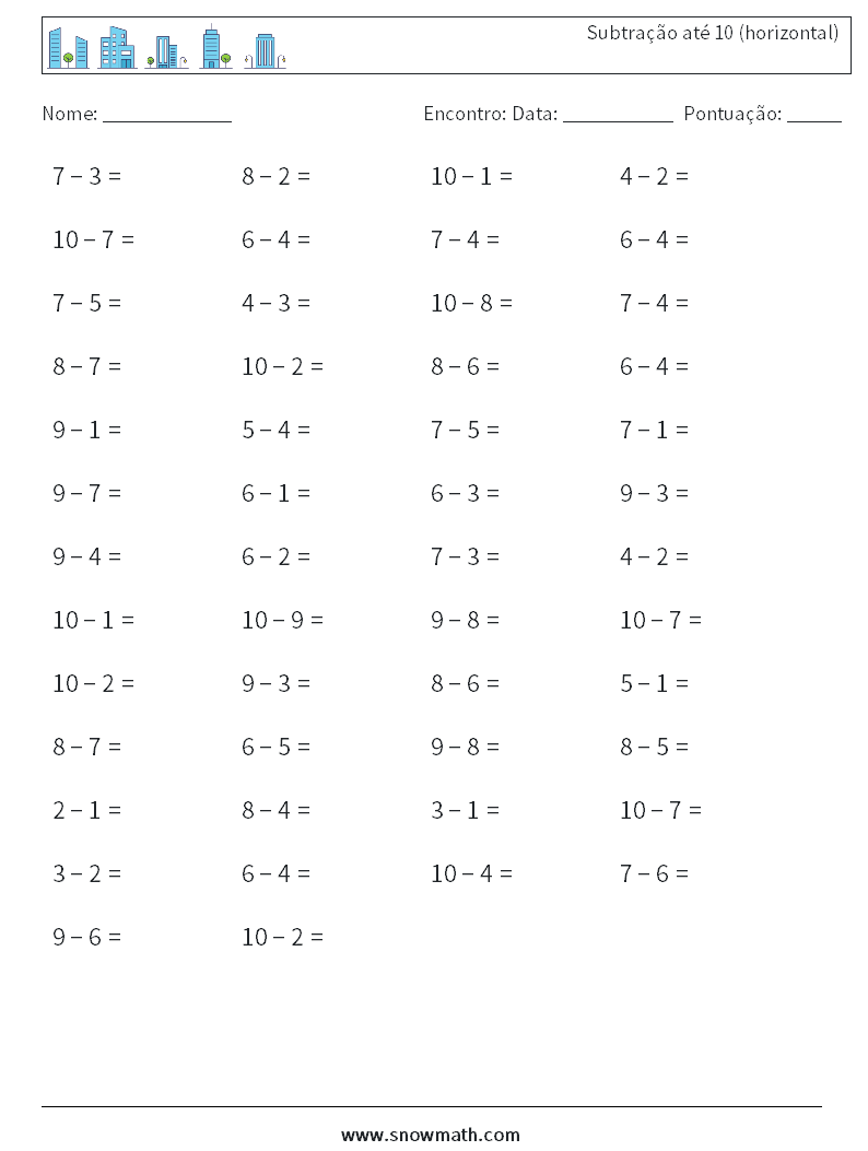 (50) Subtração até 10 (horizontal) planilhas matemáticas 4