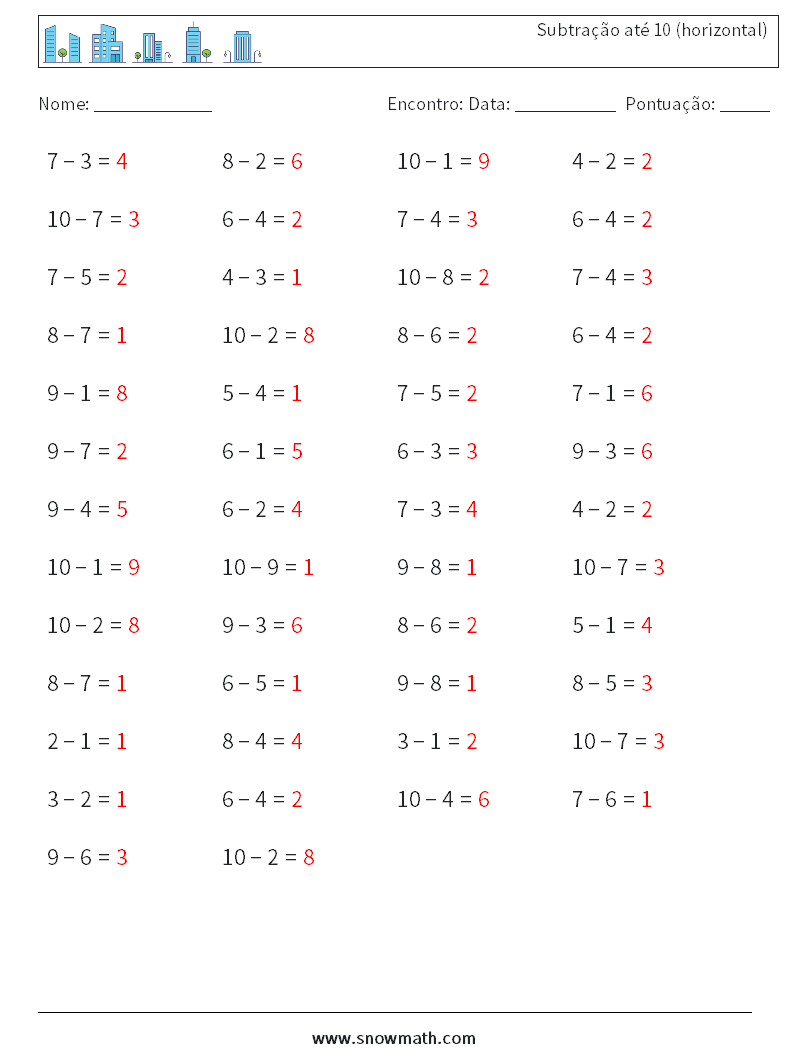(50) Subtração até 10 (horizontal) planilhas matemáticas 4 Pergunta, Resposta