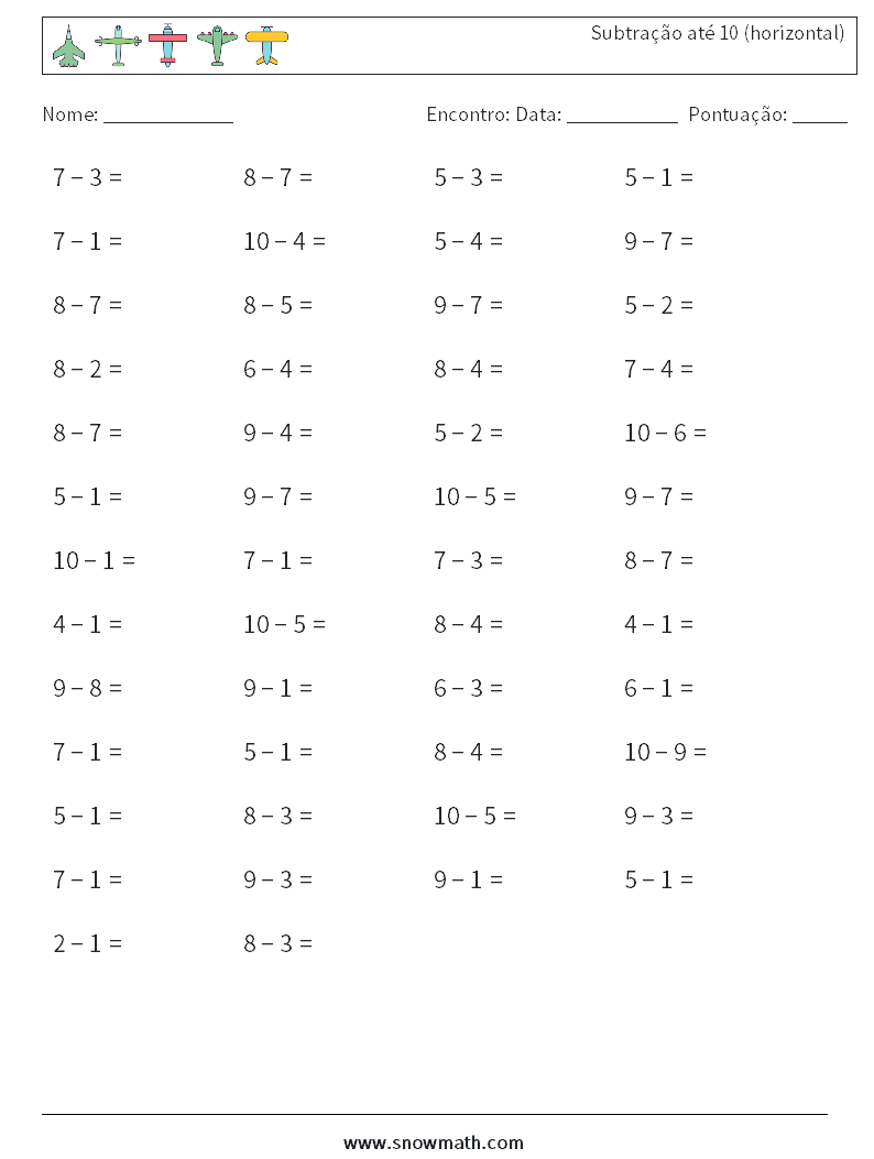 (50) Subtração até 10 (horizontal) planilhas matemáticas 5