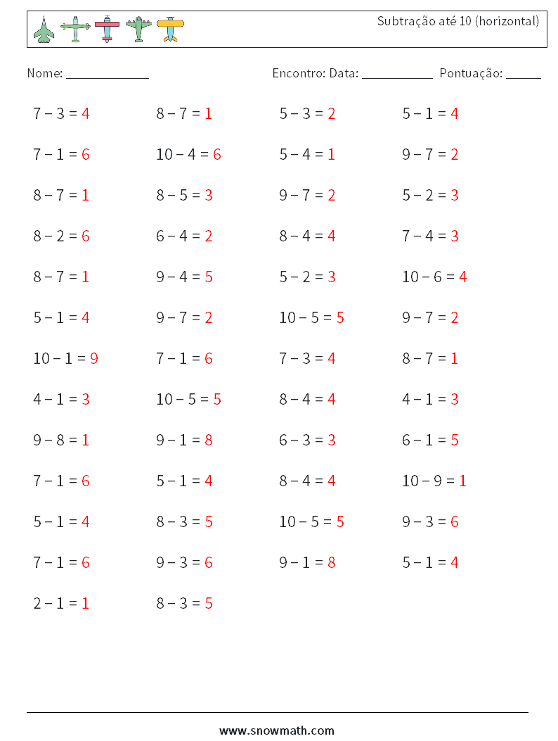 (50) Subtração até 10 (horizontal) planilhas matemáticas 5 Pergunta, Resposta