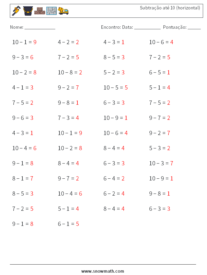 (50) Subtração até 10 (horizontal) planilhas matemáticas 6 Pergunta, Resposta