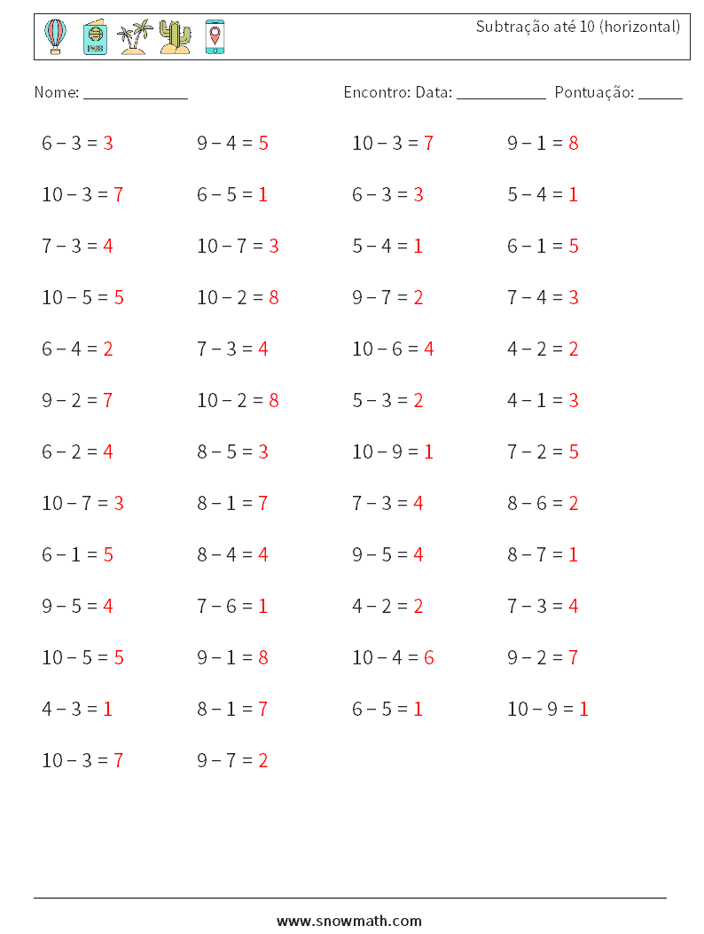 (50) Subtração até 10 (horizontal) planilhas matemáticas 7 Pergunta, Resposta