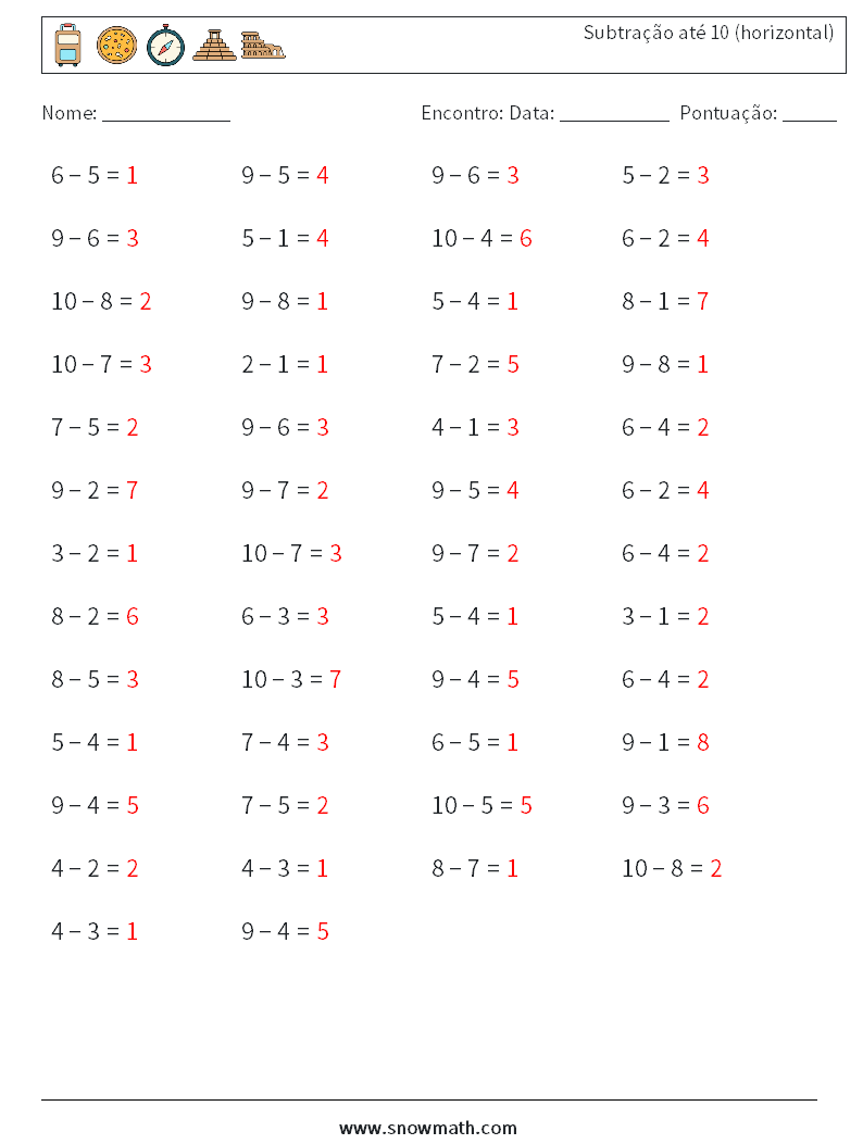 (50) Subtração até 10 (horizontal) planilhas matemáticas 8 Pergunta, Resposta