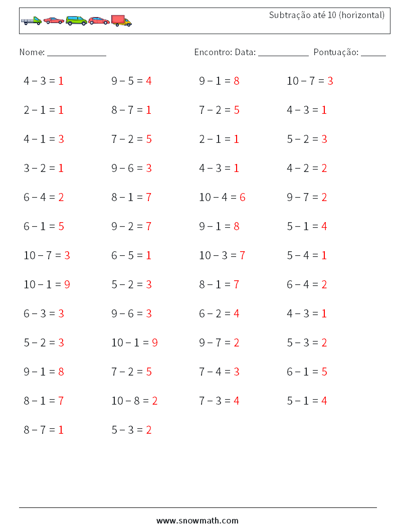 (50) Subtração até 10 (horizontal) planilhas matemáticas 9 Pergunta, Resposta