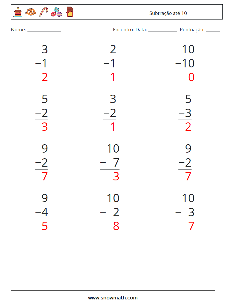 (12) Subtração até 10 planilhas matemáticas 3 Pergunta, Resposta