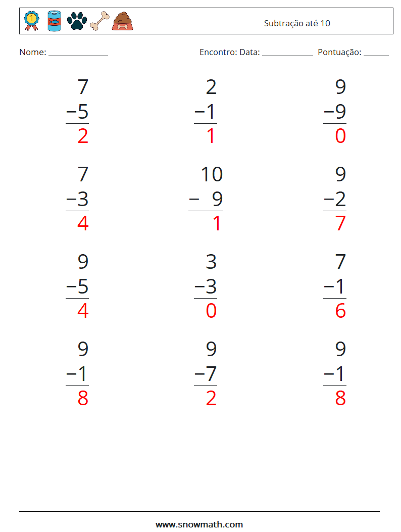 (12) Subtração até 10 planilhas matemáticas 9 Pergunta, Resposta