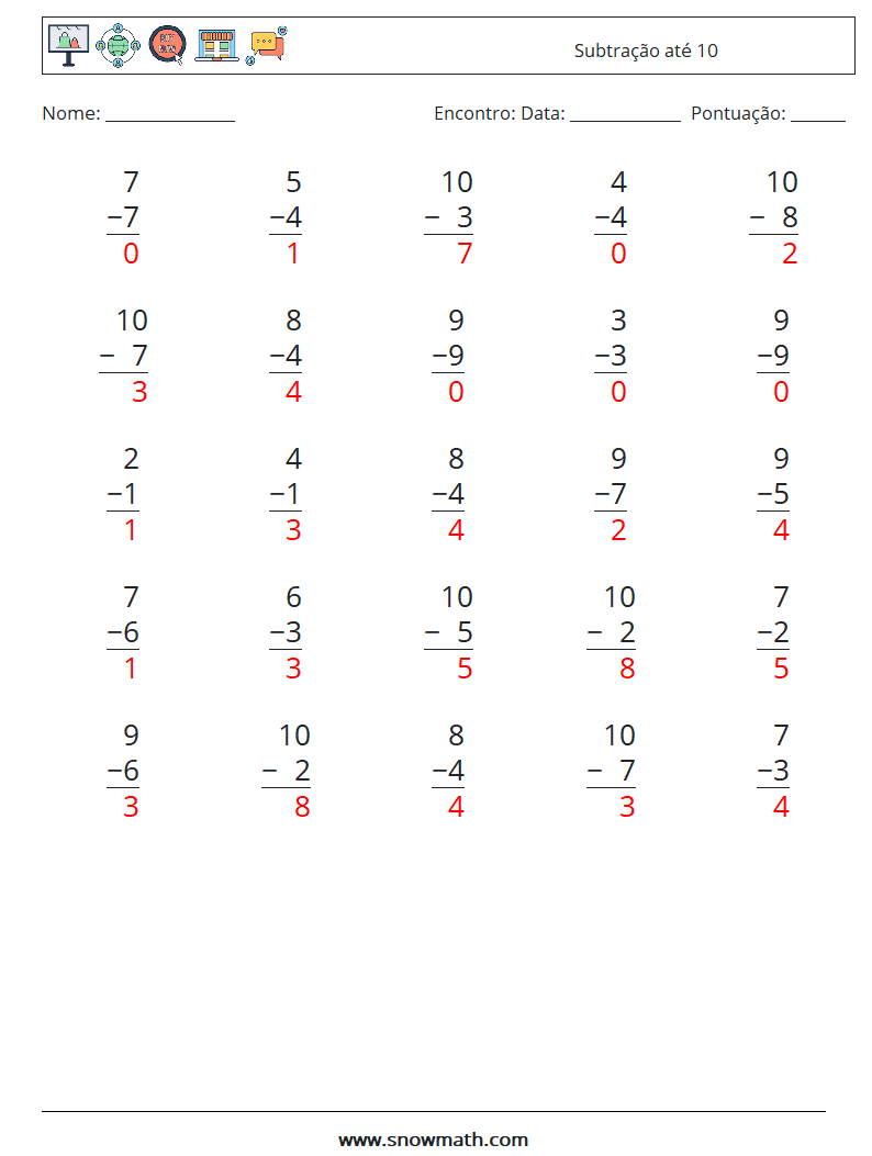 (25) Subtração até 10 planilhas matemáticas 1 Pergunta, Resposta