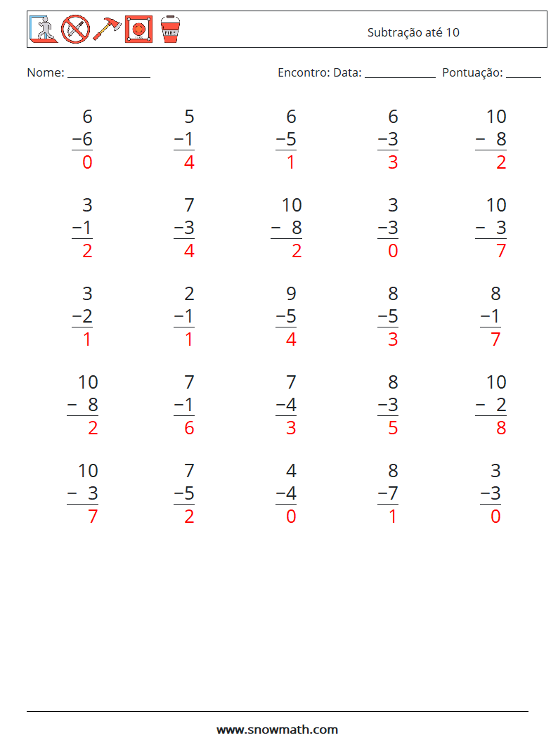 (25) Subtração até 10 planilhas matemáticas 8 Pergunta, Resposta