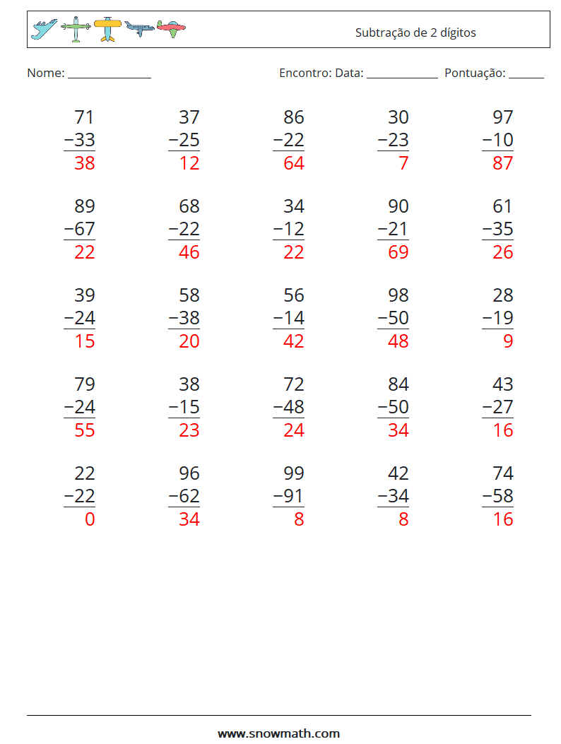 (25) Subtração de 2 dígitos planilhas matemáticas 10 Pergunta, Resposta