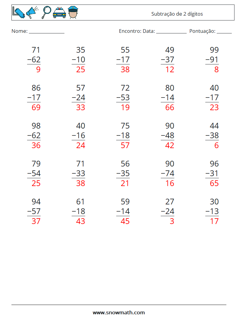 (25) Subtração de 2 dígitos planilhas matemáticas 11 Pergunta, Resposta