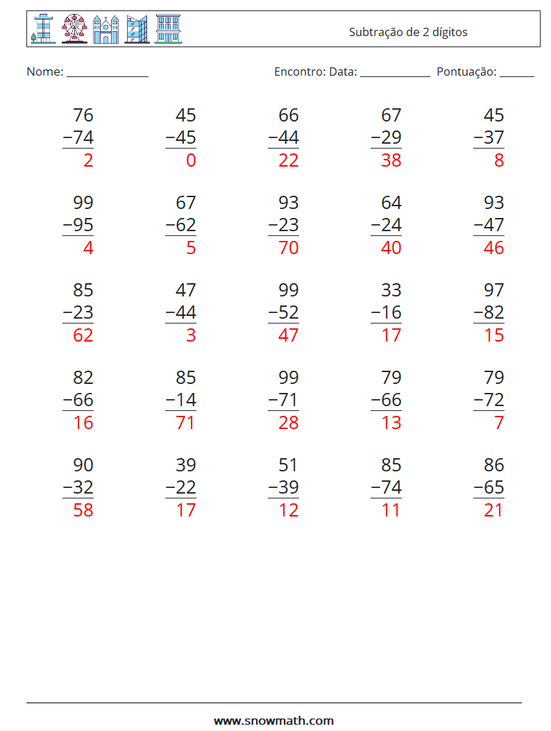 (25) Subtração de 2 dígitos planilhas matemáticas 14 Pergunta, Resposta