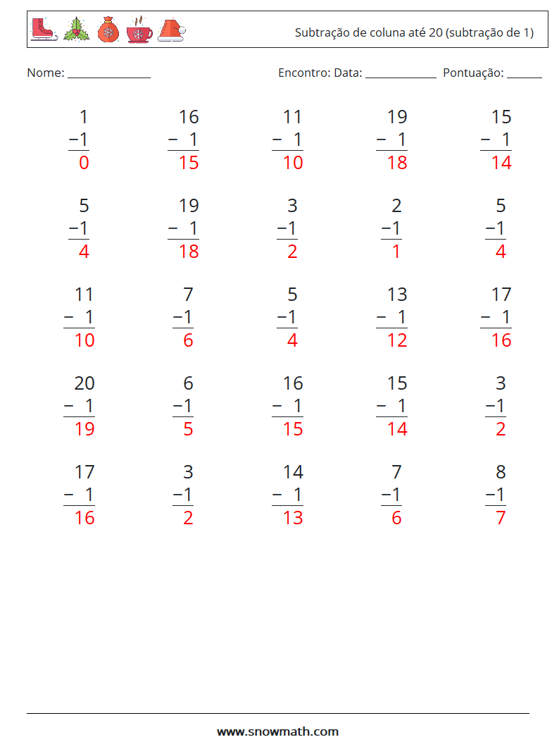 (25) Subtração de coluna até 20 (subtração de 1) planilhas matemáticas 11 Pergunta, Resposta