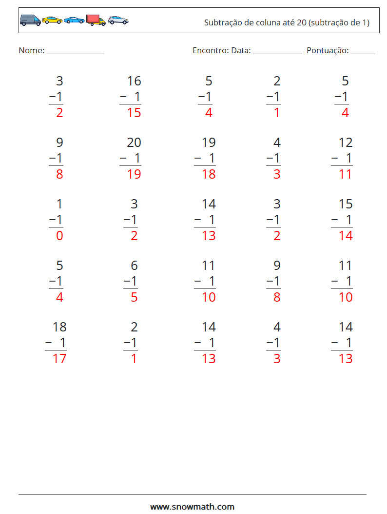 (25) Subtração de coluna até 20 (subtração de 1) planilhas matemáticas 12 Pergunta, Resposta